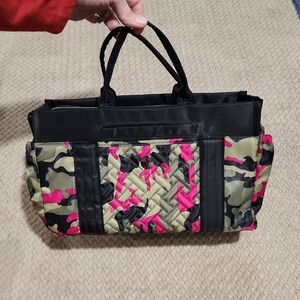 Quilted Lug Pink & Olive Camo Tote with Black Trim